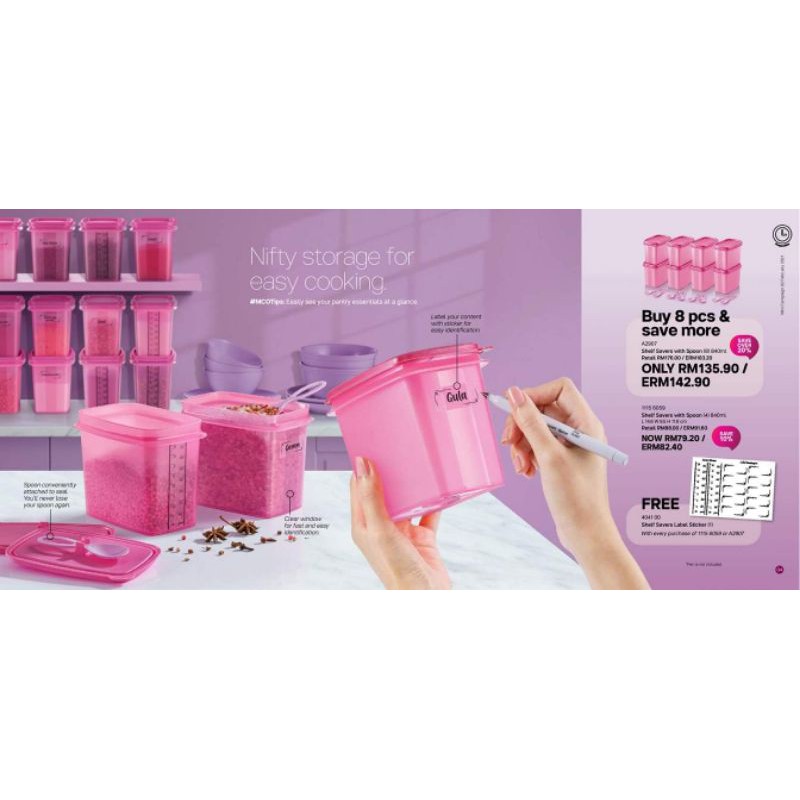 ReadyStock New Colour Pink Tupperware Shelf Saver with Spoon (4) 840ml