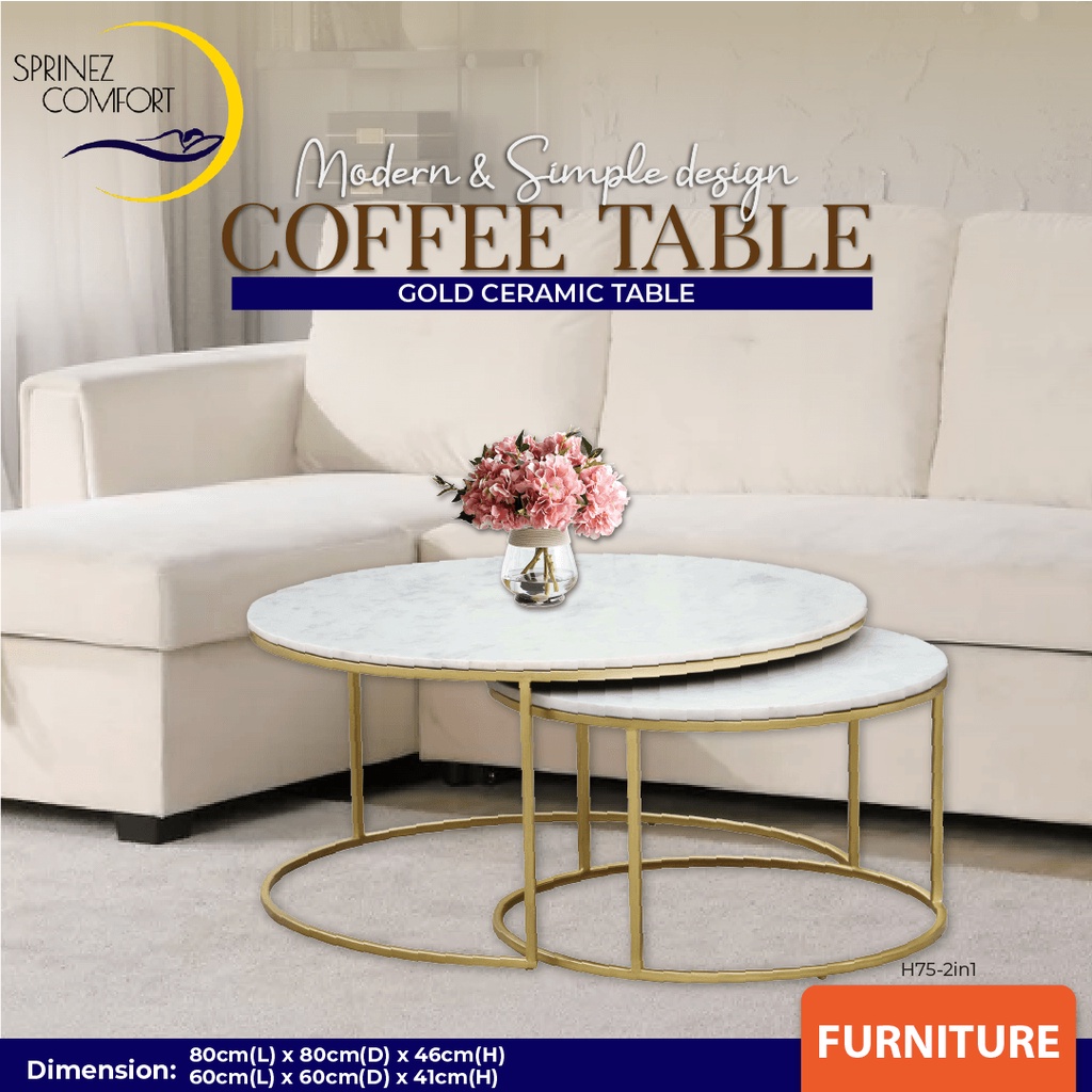 (Ready Stock) Modern 2in1 Marble Laminated Top Coffee Table Round