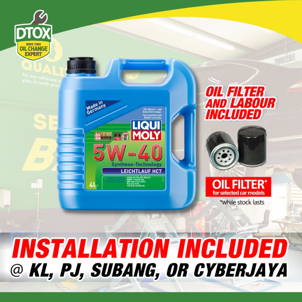 ENGINE OIL SERVICE PACKAGE LIQUI MOLY LEICHTLAUF HC7 FULLY SYNTHETIC 5W40 4L with installation