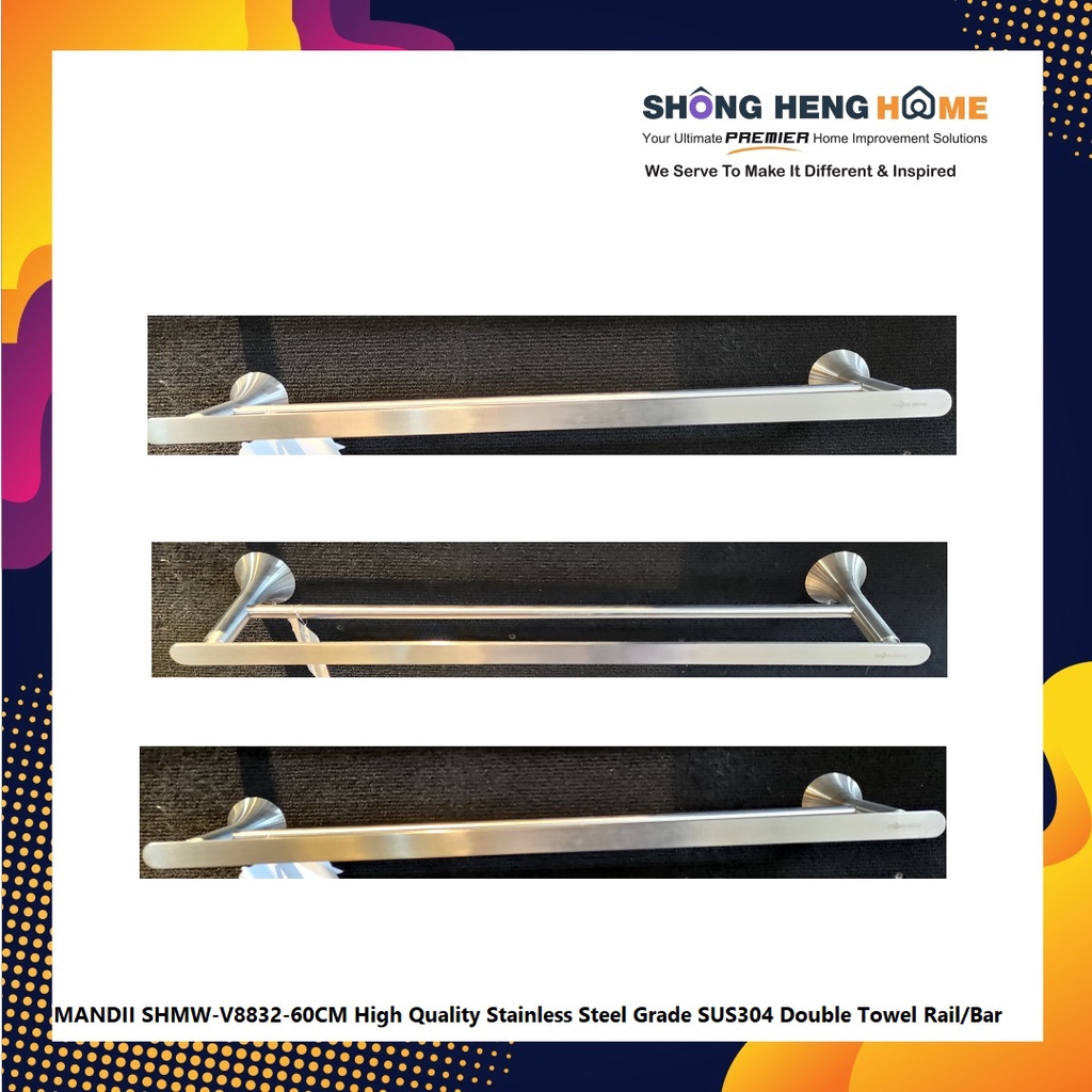 MANDII SHMW-V8832-60CM High Quality Stainless Steel Grade SUS304 Double Towel Rail/Bar (60CM Length)