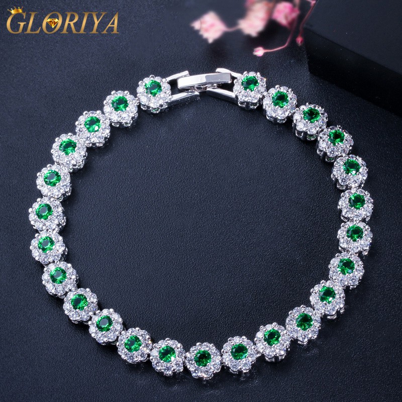 3 Color Options White Gold Jewelry Royal Emerald Tennis Bracelet Bangle for Women Green Zirconia Crystal Party Charm Bracelet【Gloriya】B061