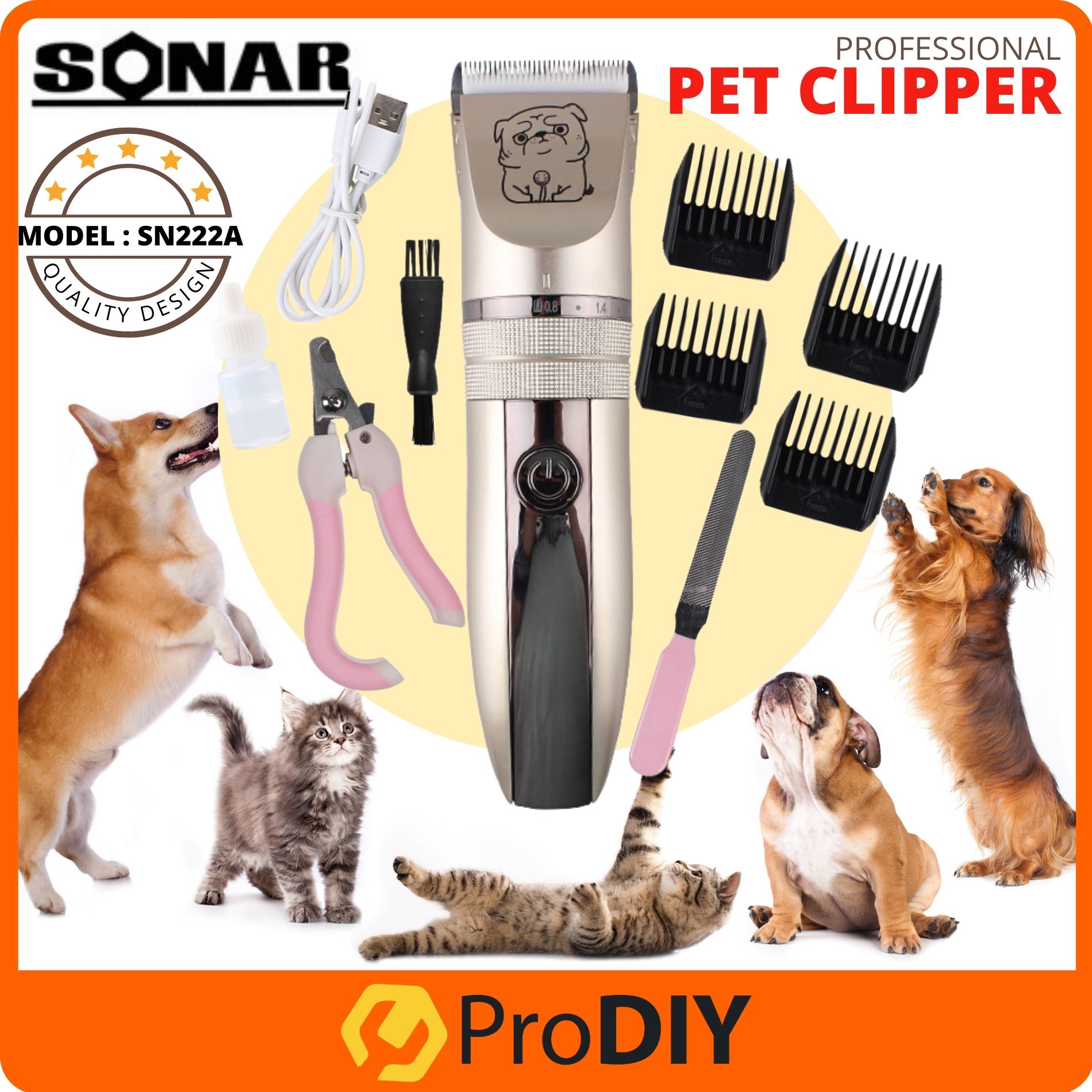 SONAR SN-222A Pet Clipper Grooming Pet Cat Dog Rabbit Haircut Trimmer Shaver Set Cordless Rechargeable Mesin Potong Bulu