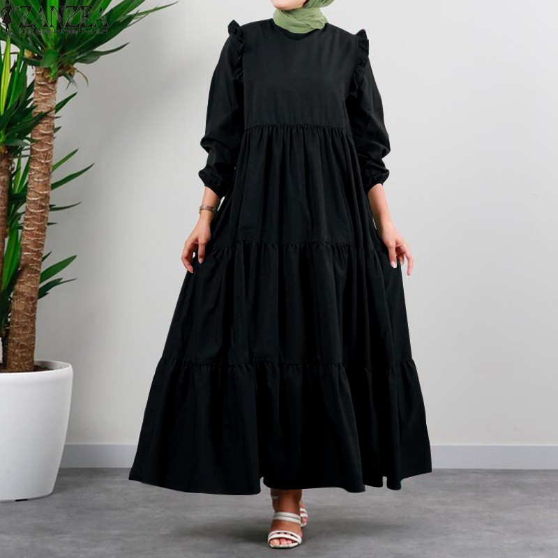 ZANZEA Women Long Sleeve Ruffled Casual Tiered Layered Muslim Long Dress #7