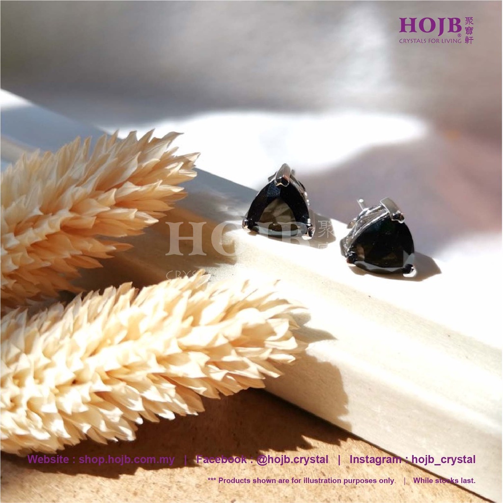 HOJB Natural Mexican Tektite Triangle S925 Silver Earring 8mm 聚寶軒天然墨西哥黑陨石三角形S925银耳环8mm