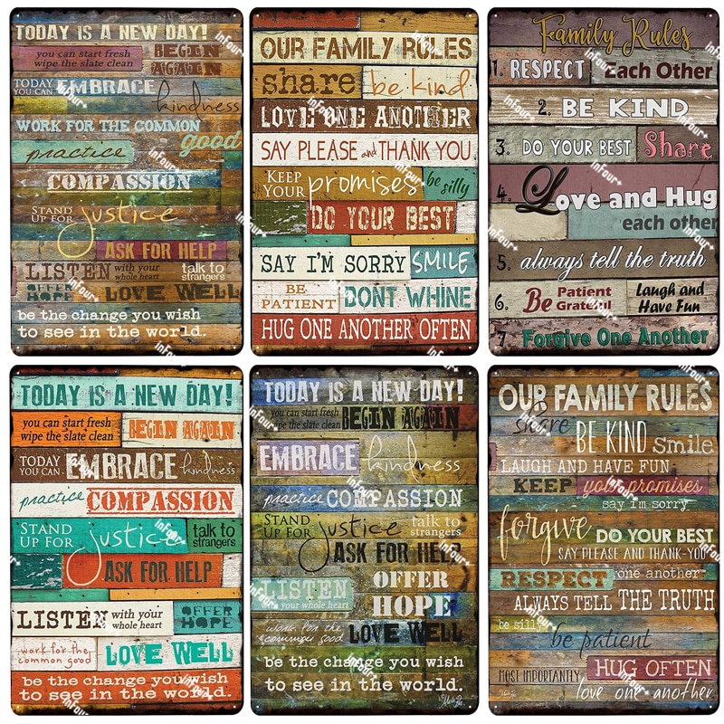 Our Family Rules Metal Plate Tin Sign Plaque Car Vintage Pub Bar Decor Metal Sign Metal Poster Home Decoration Vintage Poster