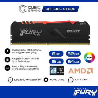 Kingston Fury Beast RGB DDR4 2666Mhz/3200Mhz/3600Mhz Desktop PC Gaming DIMM RAM (8GB/16GB/32GB)