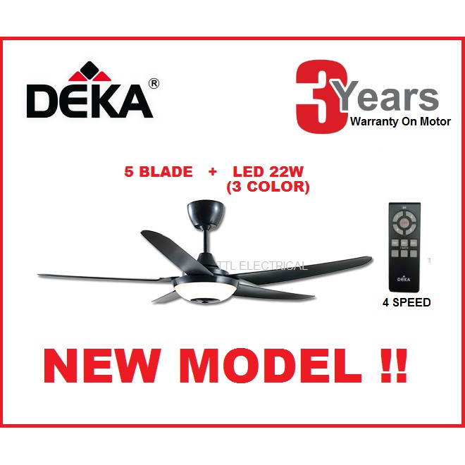 Deka V5 Ceiling Fan With Led 22w 5 Blade Black Colour With Led 22w