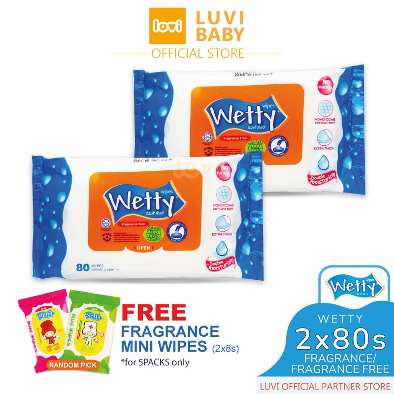Wetty 2 x 80�s + 1x8s Fragrance Free/Fragrance Baby Wipes