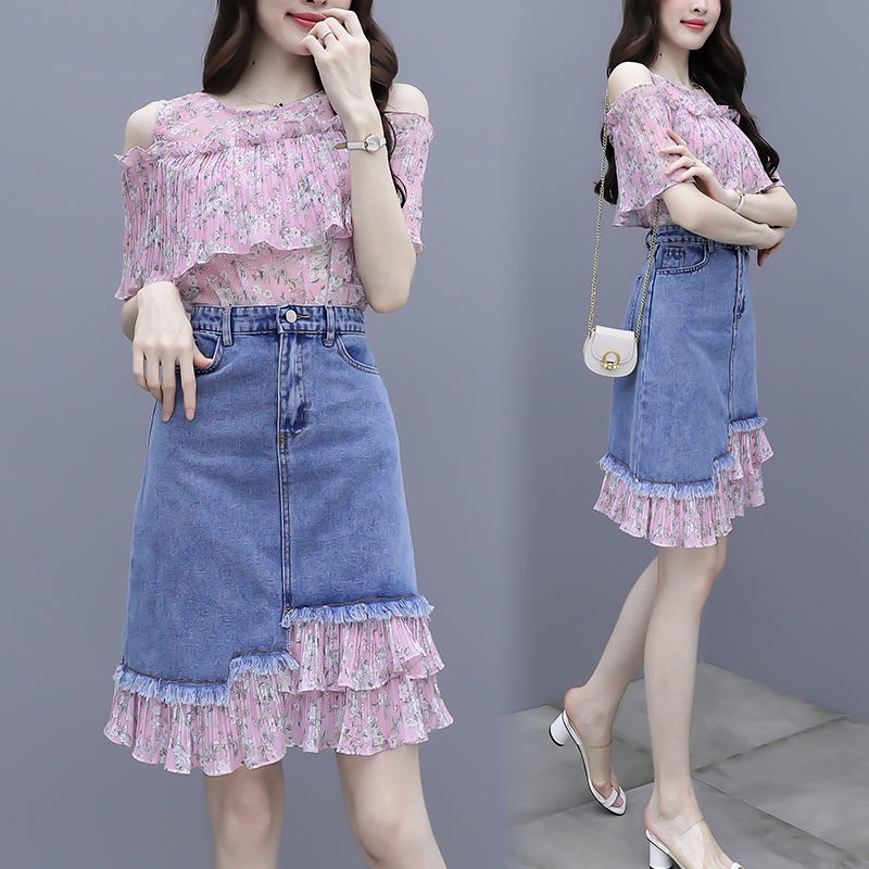 Light denim layered bust details skirt set main image 0