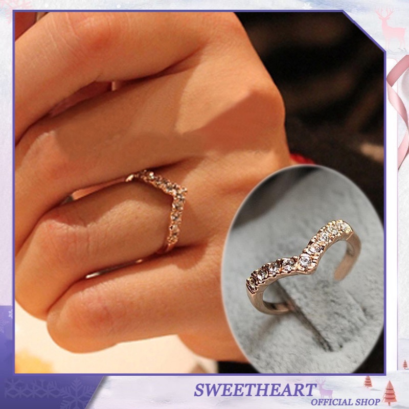 Women V-shaped Finger Ring Elegant Rhinestone Ring All-match Diamond Rings Gifts Jewelry Fashion Sweet Heart Jewelry