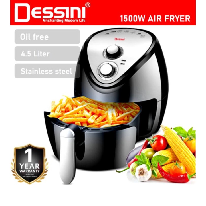 [ORIGINAL] DESSINI ITALY 4.5L Electric Air Fryer Timer Oven Cooker Non-Stick Fry Roast Grill Bake Machine