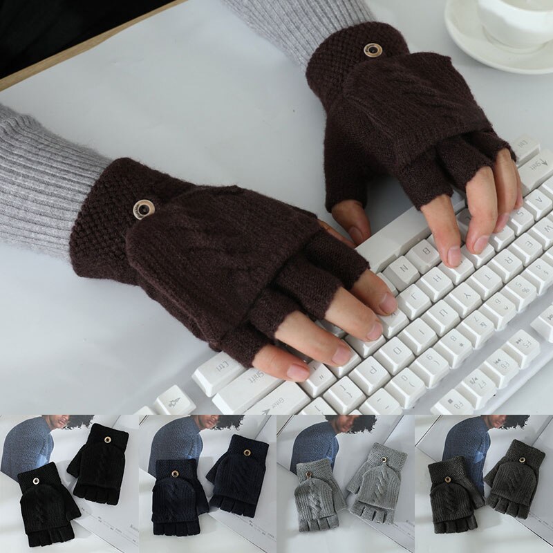 Winter Men Gloves New Flip Knitted Warm Half Finger Gloves Flip Cap