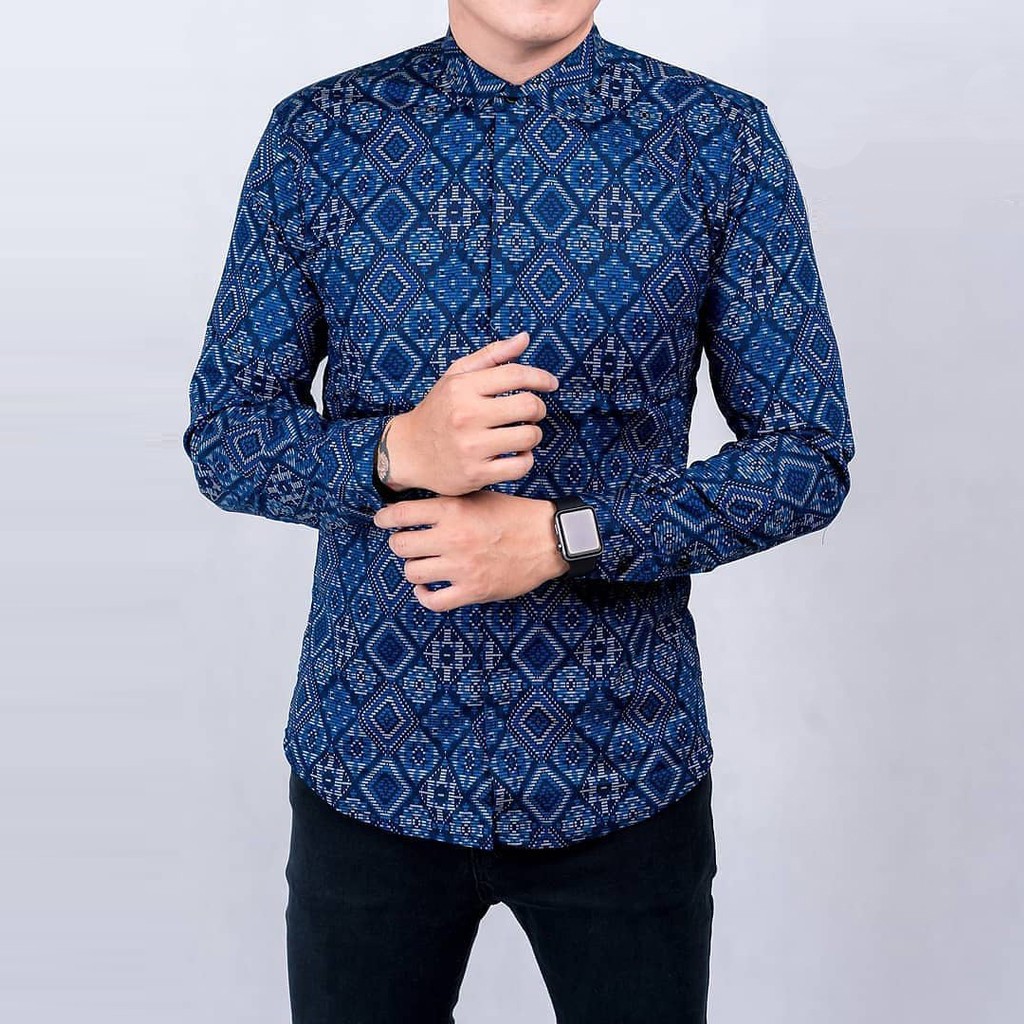 Batik Shirt Men Long Sleeve Batik Shirt Songket Diamond Blue 