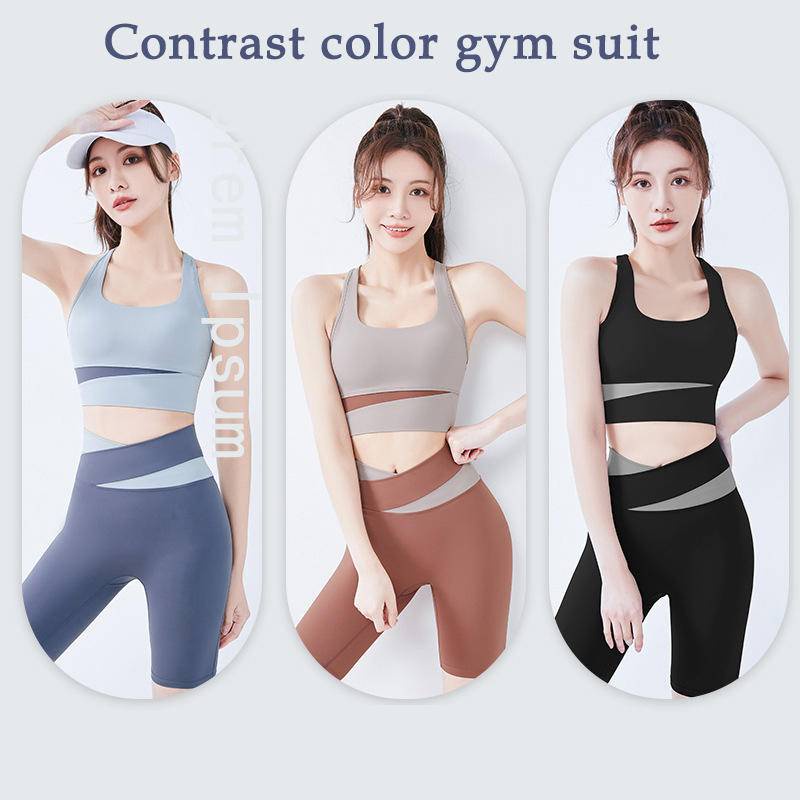 「Two Pieces Set」Fitness Padded Sport Bra and Short Pants Women Tight Fitting Sports Yoga Short Pants Leggings ShockProof Sports Bra For Women Quick Dry Sport Wear Set For Women  women's suit