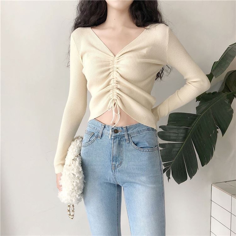 Sexy V Neck Lace Up Knitted Sweaters Women Autumn Ribbed Long Sleeve