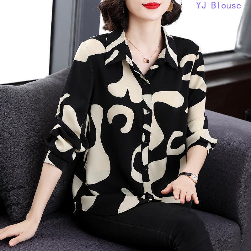 Plus Size Blouse Women Chiffon Korean Style Loose Floral Printed Long-sleeved Shirt