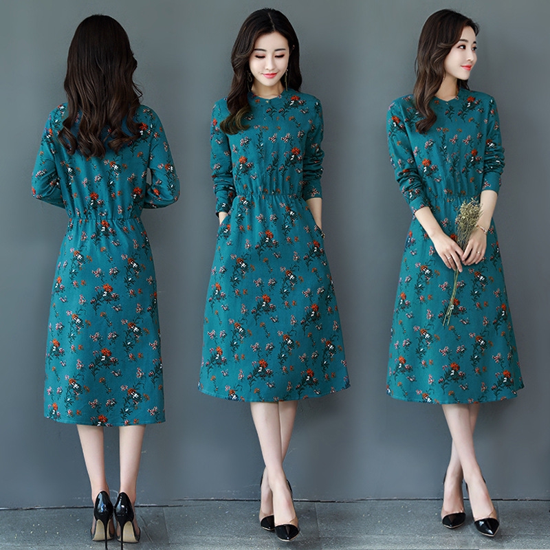New Korean  Women s Long  sleeved Dress  Floral A line Dress  