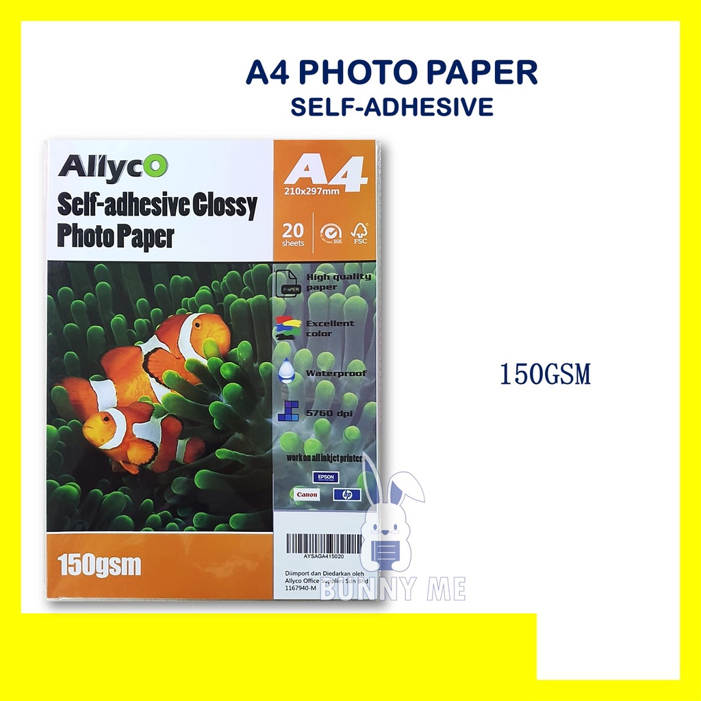 ALLYCO A4 SELFADHESIVE GLOSSY PAPER 20 SHEETS 150GSM/ PHOTO PAPER