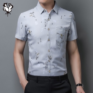 Mens Shirts Business Casual Cotton Stand Collar Short-Sleeved Plus Size Flower Print Shirt 