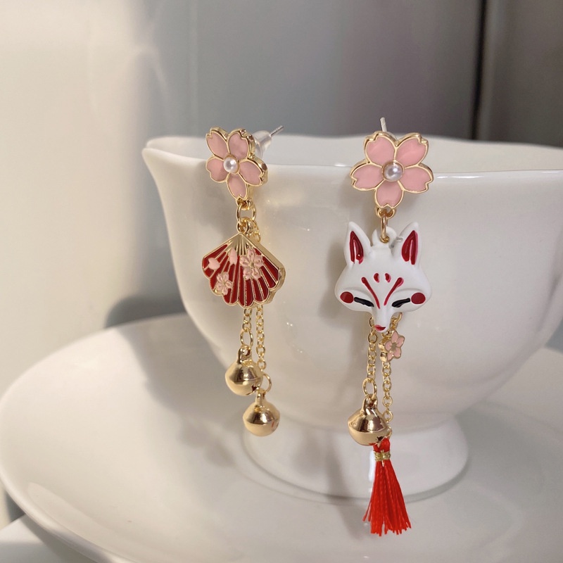 Anime Demon Slayer Earrings Kimetsu No Yaiba Japan Cherry Blossoms Fox Ear Clip Fashion Classy Bracelet Cosplay Party Personality Accessories