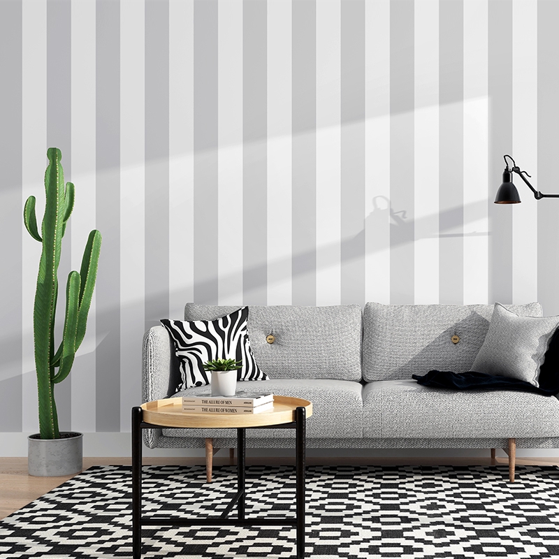 grey striped wallpaper bedroom