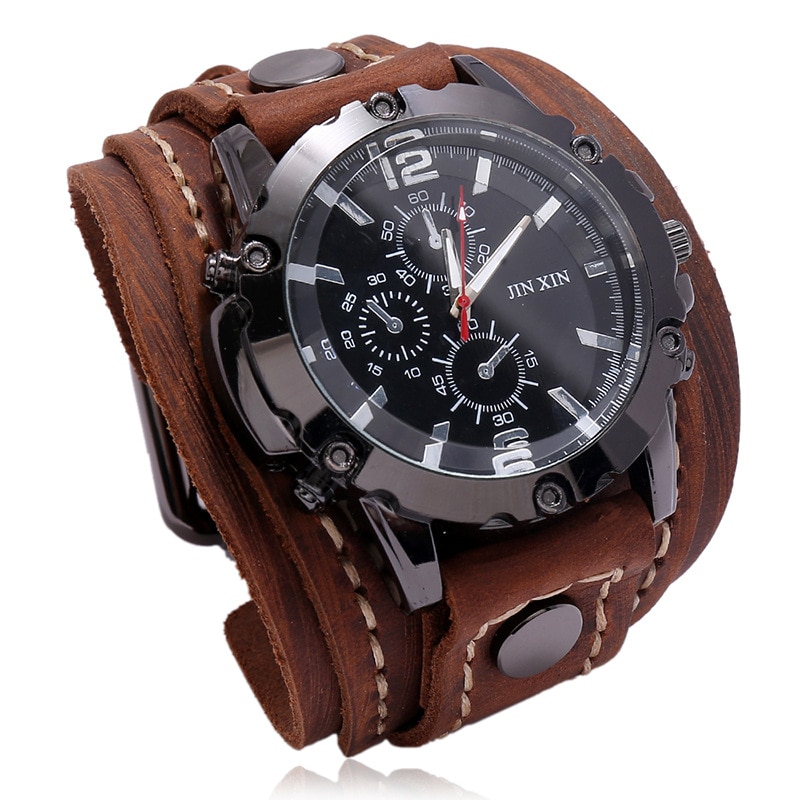 Men Watches Fashion Genuine Leather Wristwatch Quartz Wristwatches Punk Style Men Watch Wide Bracelet