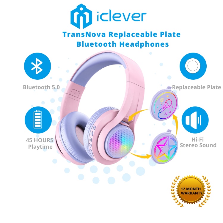 iClever TransNova Replaceable Plate Bluetooth Headphones, Colorful RGB Light Up 74/85/94dB Volume Limited, Hi-Fi Stereo.