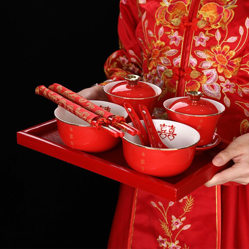 Chinese Wedding Bowl Chopsticks Spoon Set Tea Cup Ceramic Wedding Decoration中式婚礼碗筷勺套装茶杯陶瓷婚庆摆件