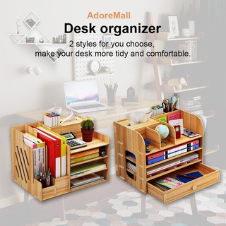 AdoreMall Desk Organizer DIY Desktop Storage Box Wooden Office Multi-layer File Rack Supplies File Book Organizer