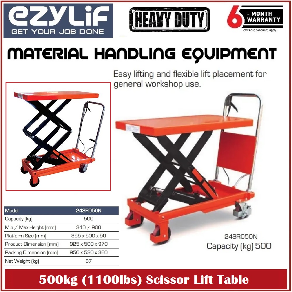 Ezylif 500kg (1100lbs) Hydraulic Scissor Lift Table 24SR050N Heavy
