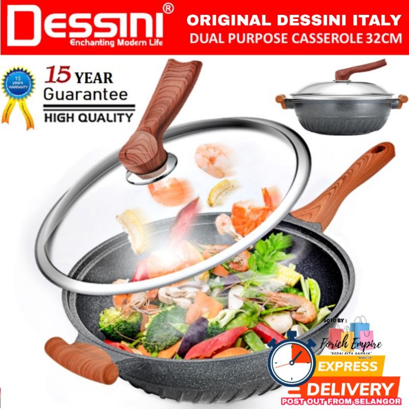 CW Dessini Italy Original 32CM Marble Stone Induction Casserole Non Stick Frying Pan Cookware with Cover / Kuali Periuk