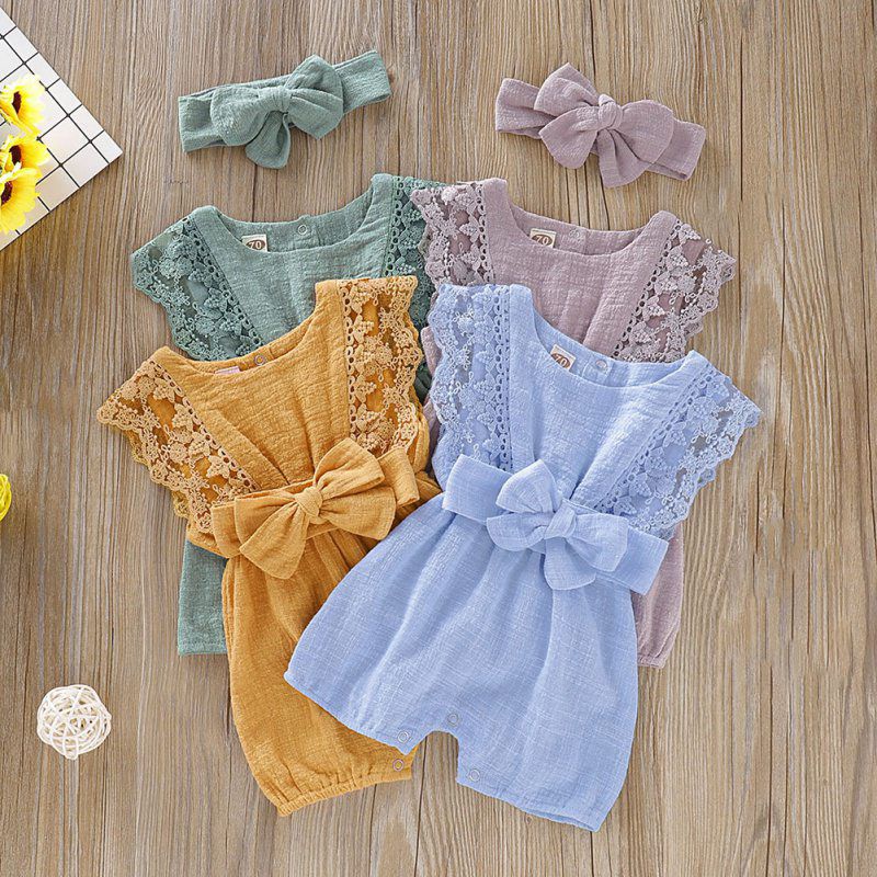 2Pcs/set Romper For Baby Girl Rompers+Headband Onesies Summer Cotton