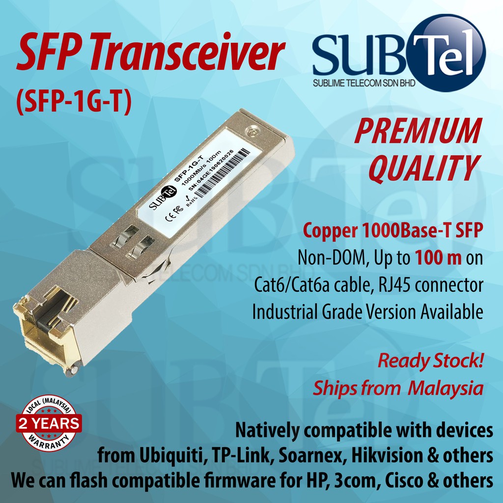 SUBTel SFP-1G-T Gigabit Ethernet Copper SFP Transceiver RJ45 1000BASE-T  Mikrotik Ubiquiti Hikvision D-Link TP-Link Cisco