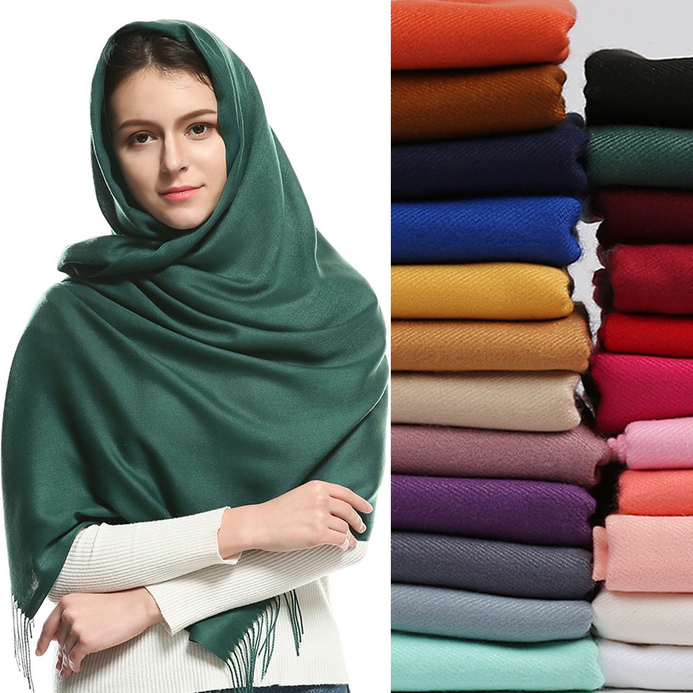 Jifang Women Winter Thick Warm Cashmere Plain Muslim Hijab Shawl Scarf Large Long Pashmina Scarves 35 Colors 200x70cm WJ06