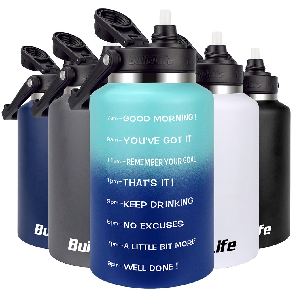 Quifit 2l Stainless Steel Water Bottle Half Gallon With Straw Motivational Time Marker Wide 4754