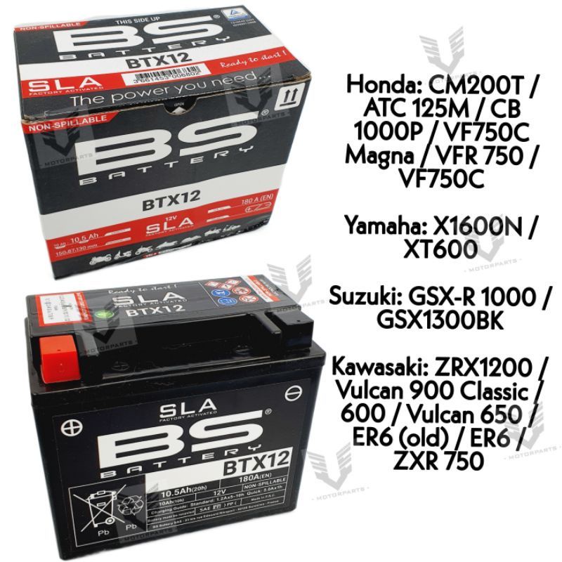 BS BATTERY SLA FACTORY ACTIVATED BATTERY BTX12 YTX12-BS ZXR1200/VULCAN 650/ZXR750/ER6/X1600N/VFR750/GSXR1000/GSX1300BK