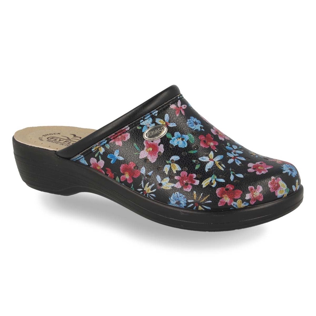 FLY FLOT Black Floral Faux Leather Clogs Women Sandals With Faux Insole | Malaysia