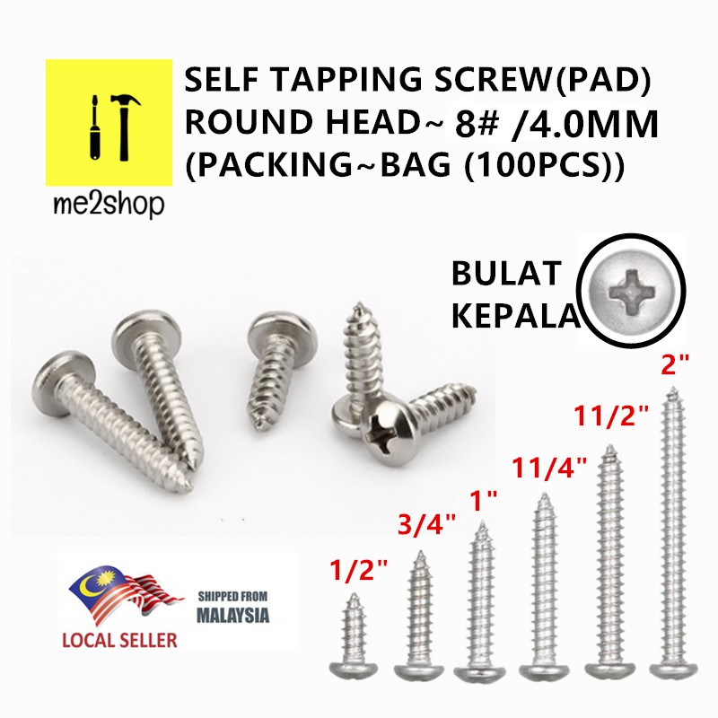 100pcs 8 M4 0 Self Tapping Screw Combined Pan Round Head Tajam Skru Kepala Bulat 1 2 3 4 1 11 4 11 2 2 Shopee Malaysia