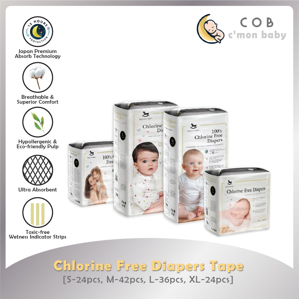 Applecrumby 100 Chlorine Free Diapers Tape (S 24 / M 42/ L 36/ XL 24