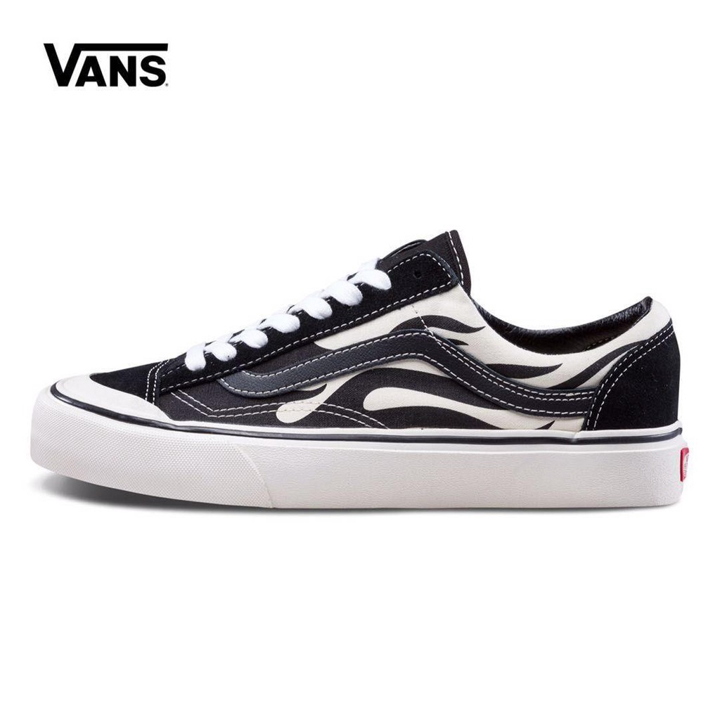 black and white vans with flames