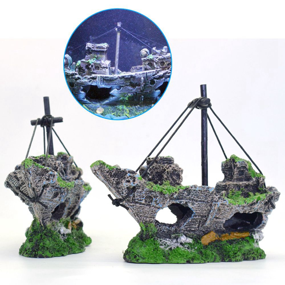 Wreck Sunk Pirate Ship Aquarium Ornament Fish Tank Cave Decor