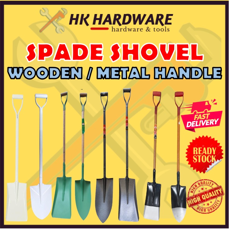 GARDENING CONSTRUCTION SPADE SHOVEL DIGGING SKOP TANAH PASIR SIMEN CEMENT PEMBINAAN WOOD AND METAL HANDLE