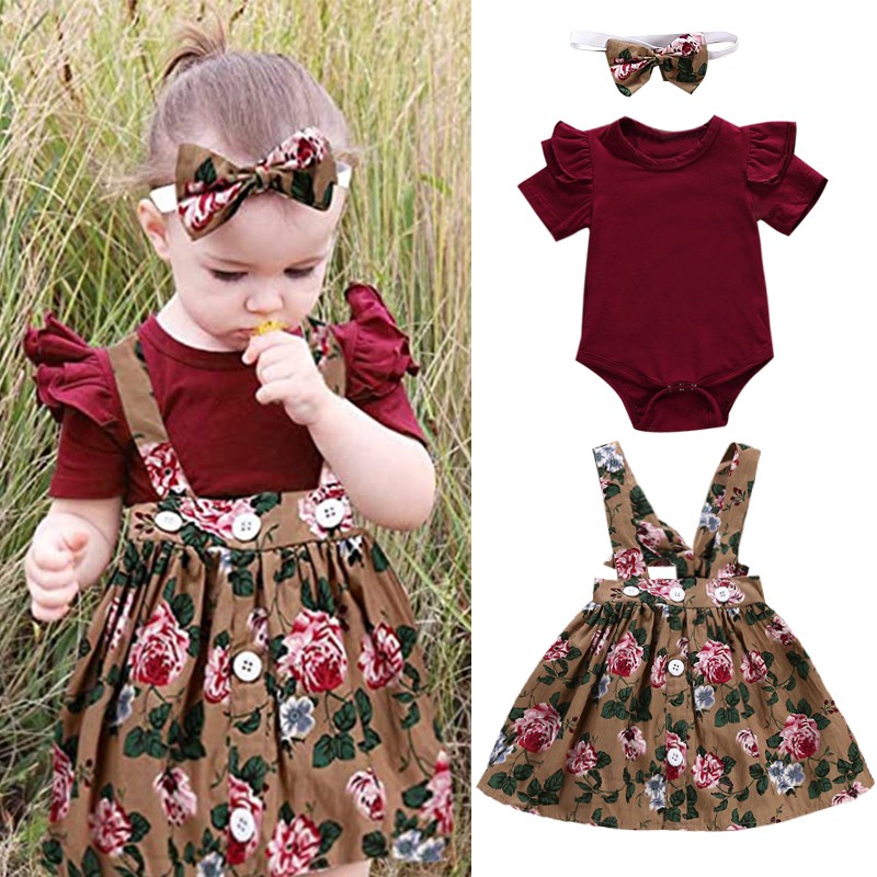 Toddler Baby Kid Girls Dress Polka Dot Ruffle Sleeve Bowknot Shirt Suspender Skirt with Headband 3 PCs Outfits Sets 