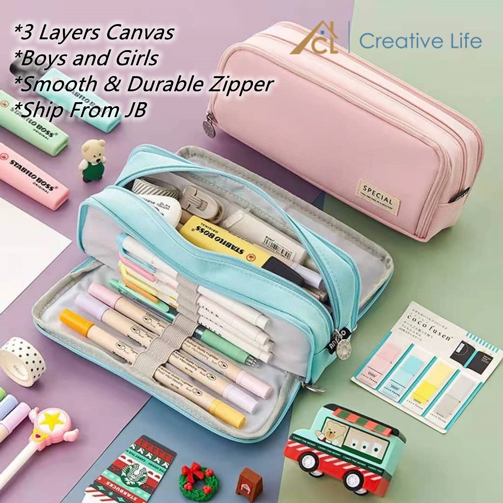 ANGOO Large Pencil Case of Big Capacity 3 Layers Canvas for Middle High
