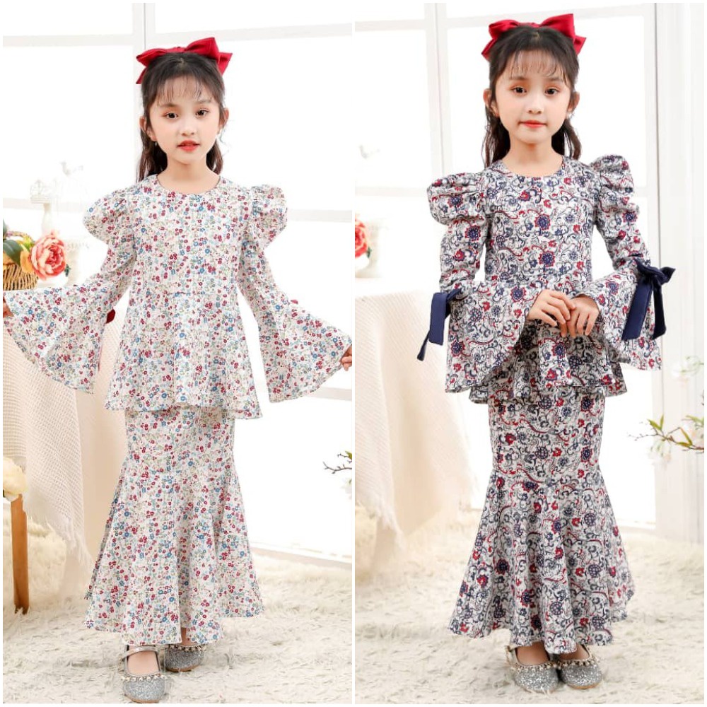 2-13Y Baju Raya 2021 Kurung Peplum Moden cotton flower Budak Perempuan Malay traditional kids girls wear