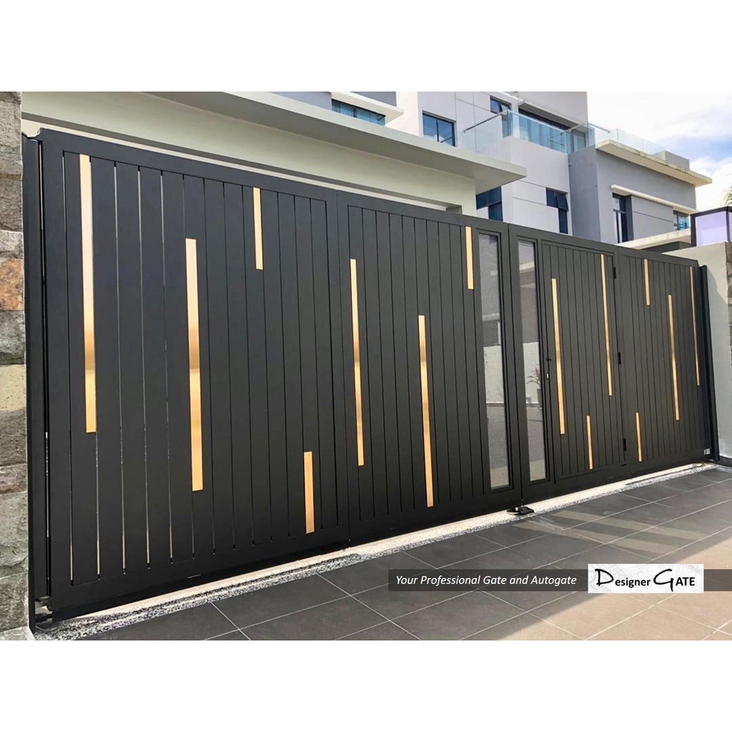 Designer Gate Full Aluminum Trackless Gate With Stainless Steel Gold Bar With Netting Design Shopee Malaysia