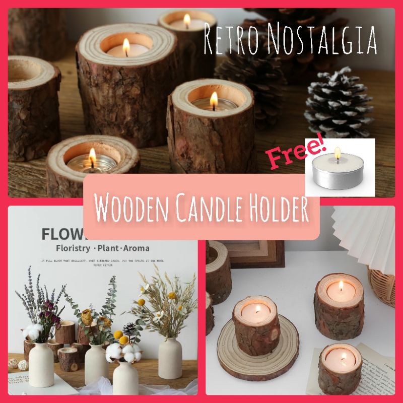 Vintage Wooden Candlestick Tea Light Candle Holder Rustic Photo Props Retro Ins