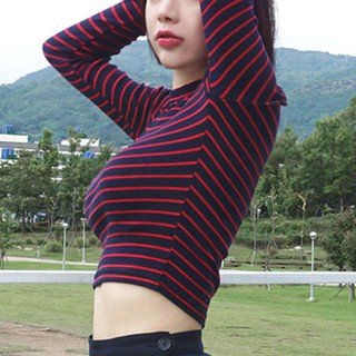 Women long sleeved crop  tops  stripe t shirt fashion shirt 