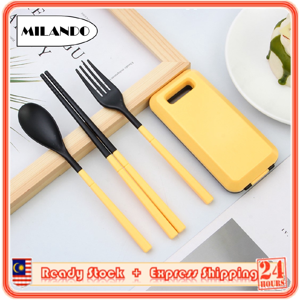 (3pcs) MILANDO Portable Plastic Cutlery 3-piece Travel Set Collapsible Combination Chopsticks Fork Spoon Set (Type 10)