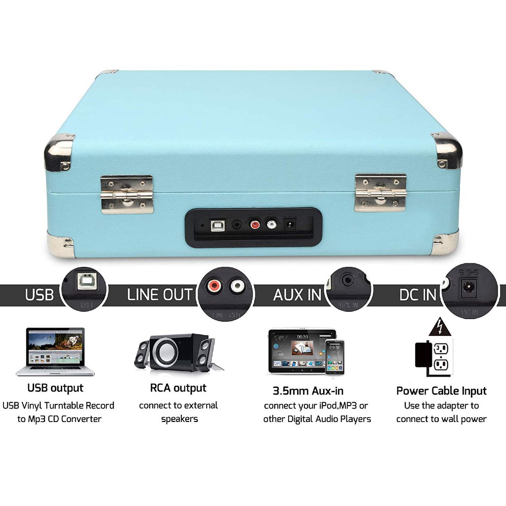 RCA Output Aux Input and Headphone Jack Digitnow Vinyl Record Player 3-Speed Bluetooth Suitcase Turntable with Stereo Speakers